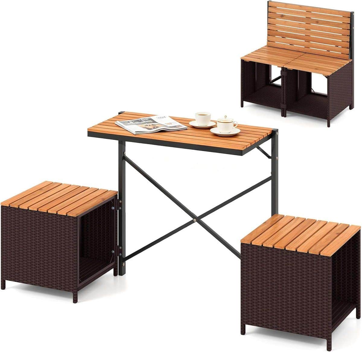 costway 2 in 1 tuinbank, converteerbare picknicktafel en zitbank (bruin)