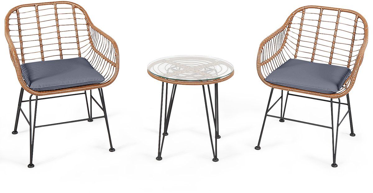 costway 3 delige bistroset 2 rotanstoelen & gehard glas bijzettafel &