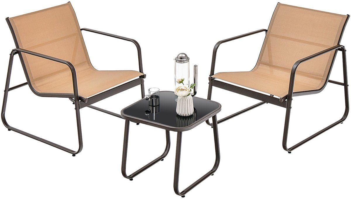 costway 3 delige tuinmeubelset, balkonset met 2 stoelen en tafel