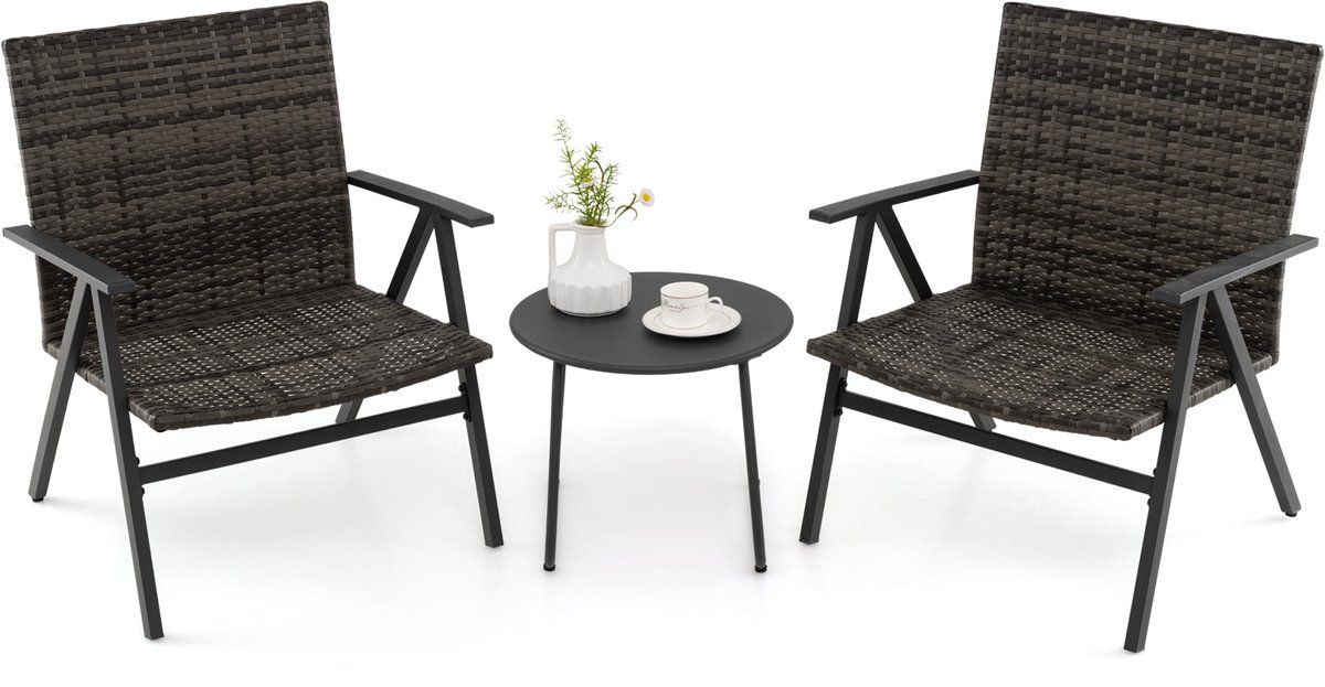 costway 3 delige tuinmeubelset, rotan balkonmeubels met 2 stoelen en tafel