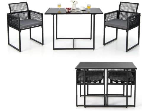 COSTWAY 3-delige tuintafelset met 2 rotan tuinstoelen, bistroset incl. zitkussens