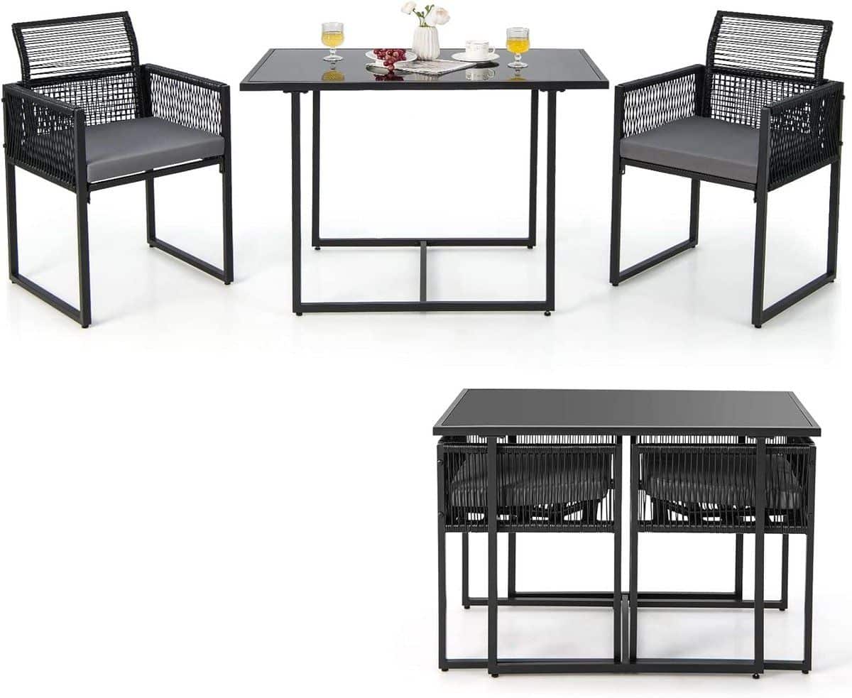 costway 3 delige tuintafelset met 2 rotan tuinstoelen, bistroset incl. zitkussens