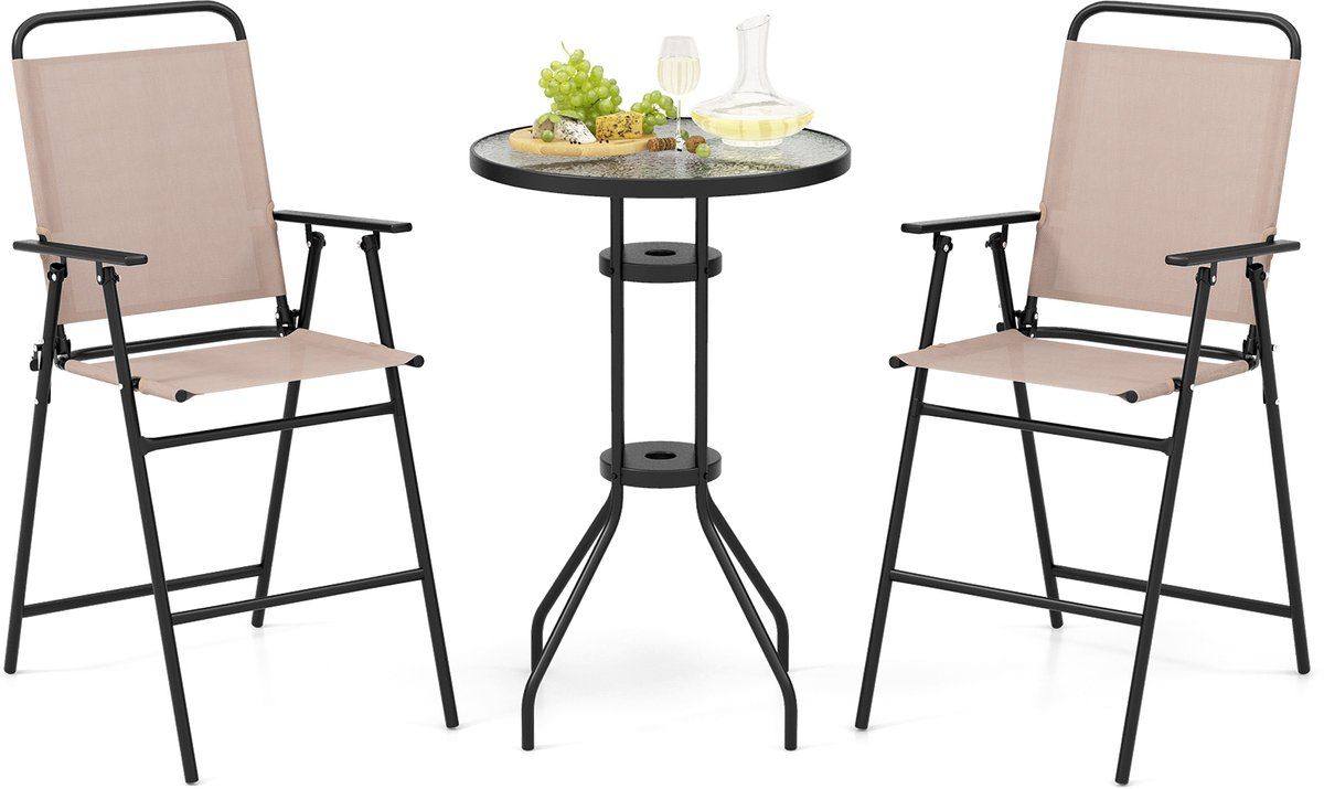 costway bistrotafel met 2 inklapbare stoelen, 3 delige balkonmeubels