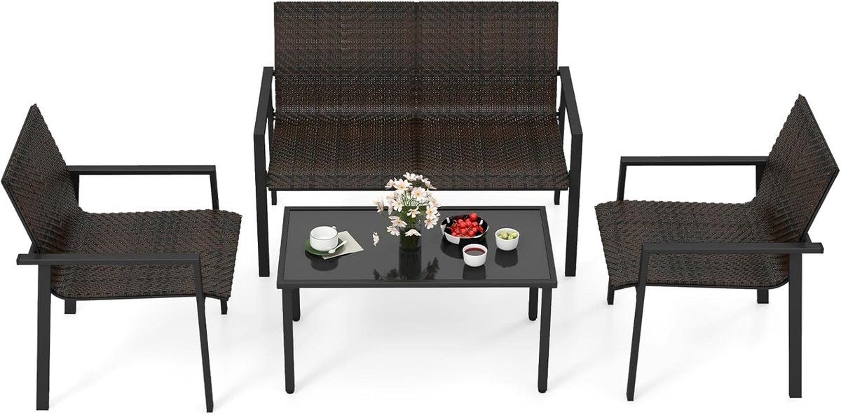 costway polyrotan tuinmeubelset, 4 delig, terrasmeubels, zitgroep, zitgroep voor 4 personen