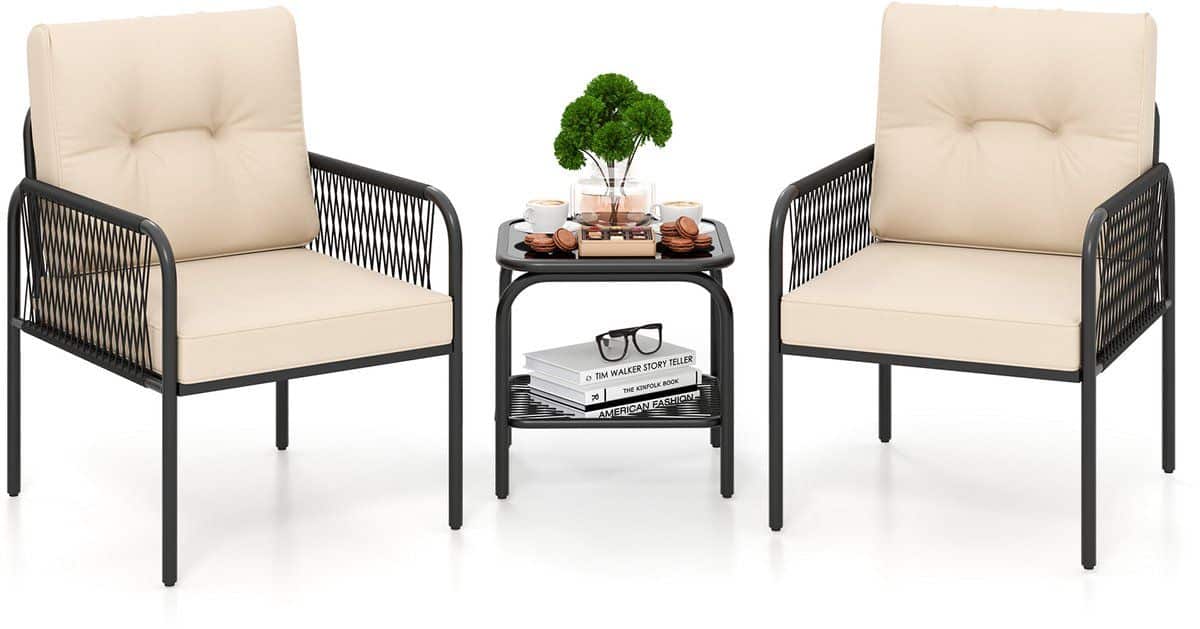 costway rotan tuinmeubelset, 3 delig, balkonmeubel met 2 stoelen & tafel