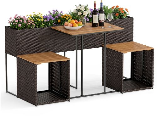 COSTWAY Tuinmeubelset met verhoogd bloembed (bruin) | Kruidenbed met geïntegreerde