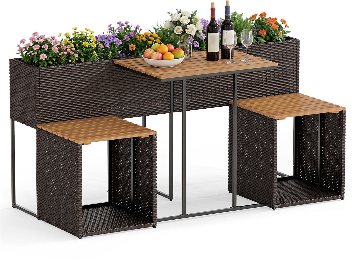 costway tuinmeubelset met verhoogd bloembed (bruin) | kruidenbed met geïntegreerde