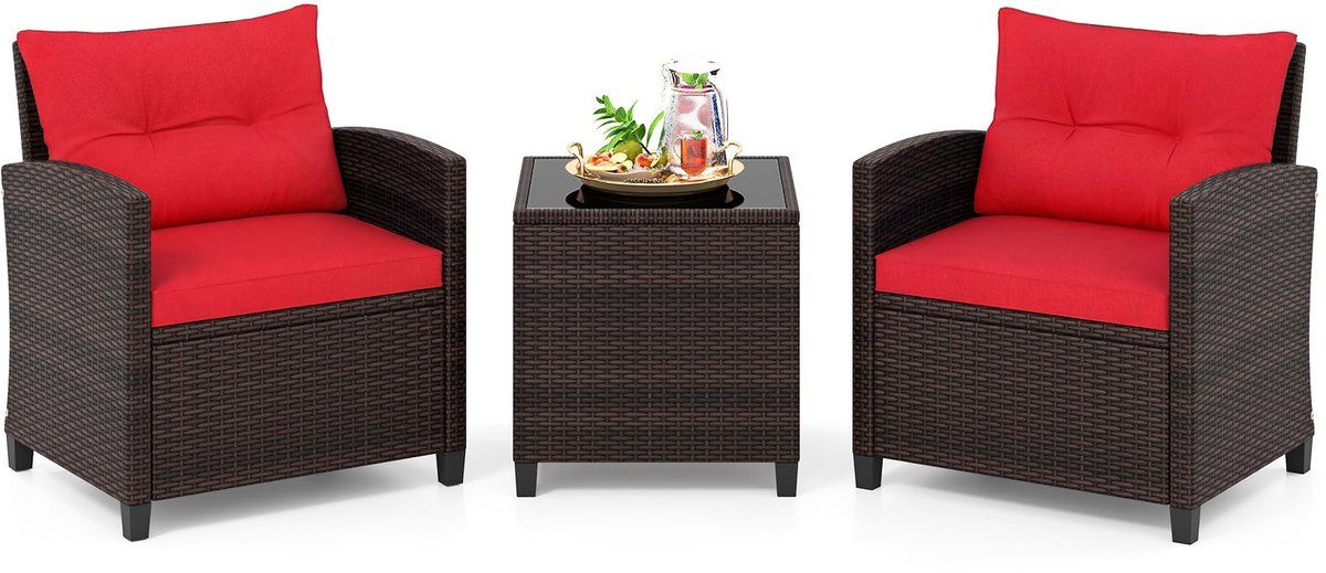 costway tuinmeubelset van rotan, 3 delige balkonset bestaande uit 2 fauteuils
