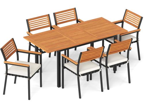COSTWAY Tuinset, 130/170 x 80 cm uitschuifbare tuintafel met parasolgat