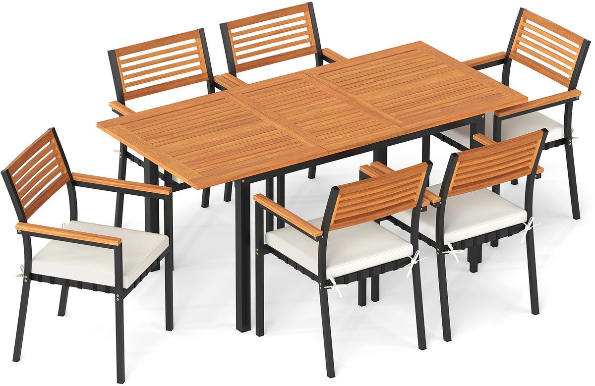 costway tuinset, 130/170 x 80 cm uitschuifbare tuintafel met parasolgat