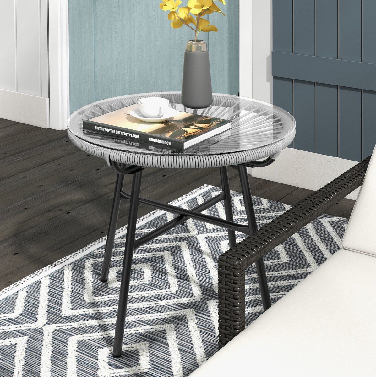 covreo bijzettafel 50x50x50 cm grijs, gehard glas met pe rattan rand