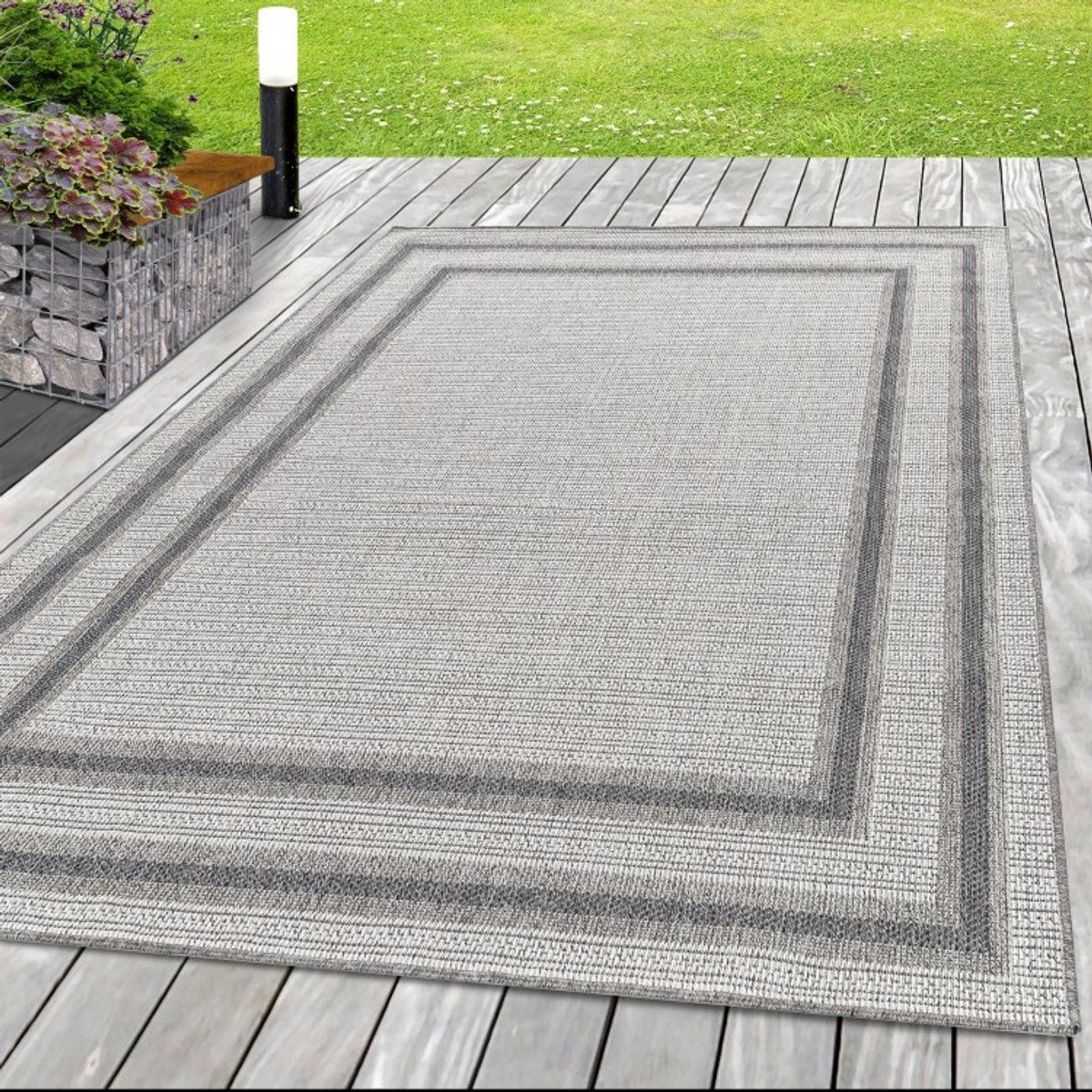 crèmekleurig buitenkleed van sisal, uv bestendig, modern design. 200×290 cm