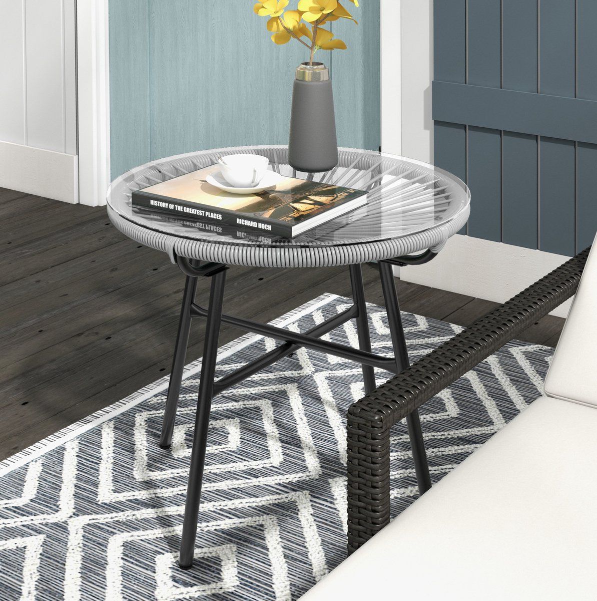 desmiu bijzettafel ronde tuintafel met glazen blad voor