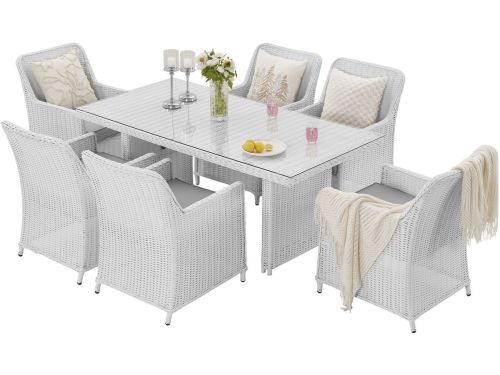 Diningset 7-delig Wit Wicker & Grijze Kussens | 6 Stoelen