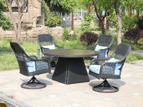 Diningset rond - 5 delig - Zwart wicker met blauwe