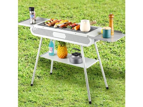 Draagbare houtskoolbarbecue, grote tafelgrill met 2 grillnetten, 1 grillplaat en
