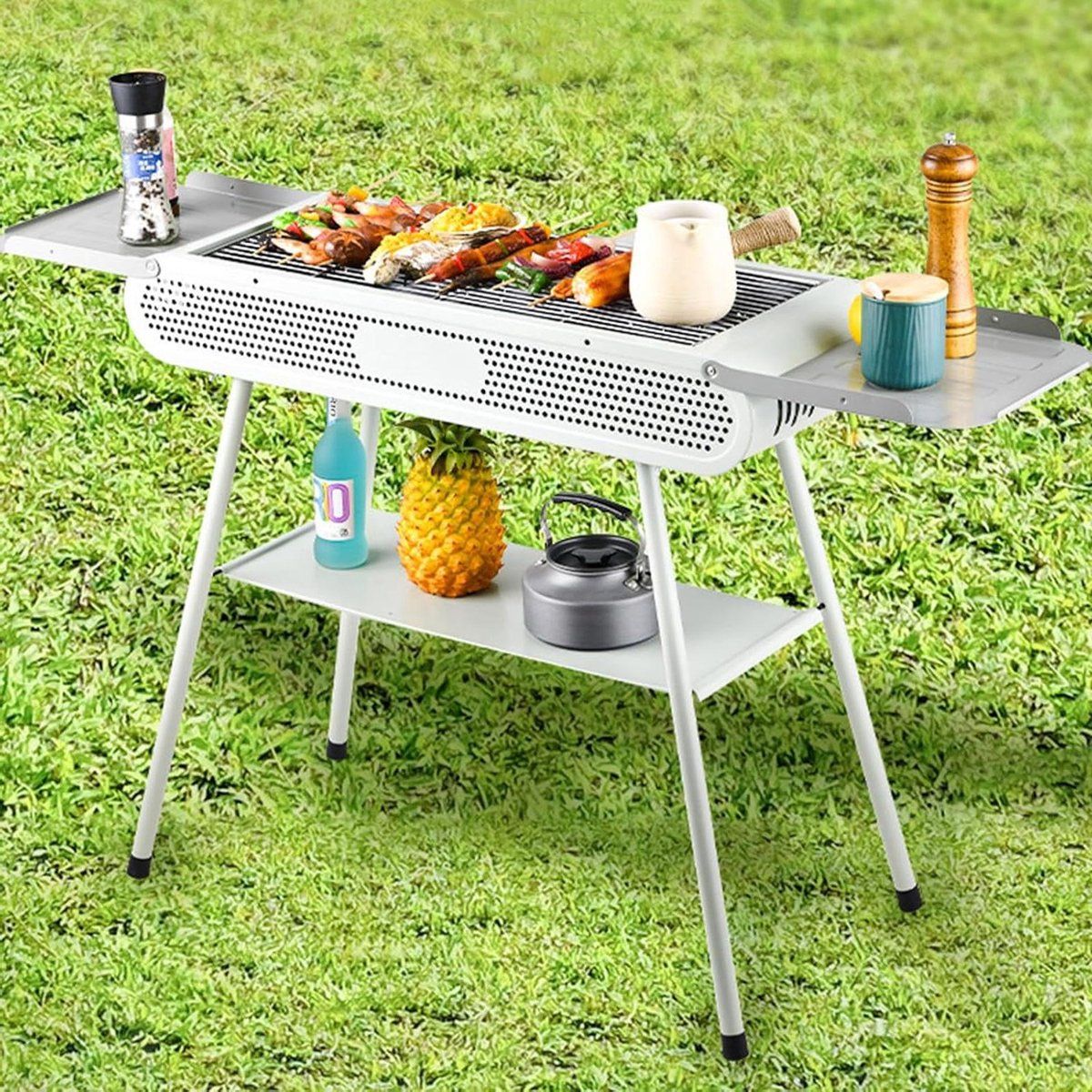 draagbare houtskoolbarbecue, grote tafelgrill met 2 grillnetten, 1 grillplaat en