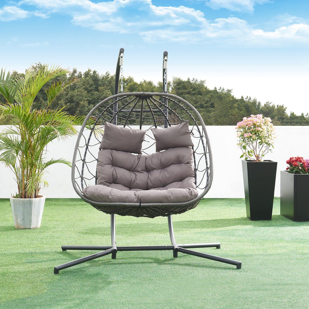dubbele hangstoel skense met standaard grijs 198x156x98 cm [en.casa]