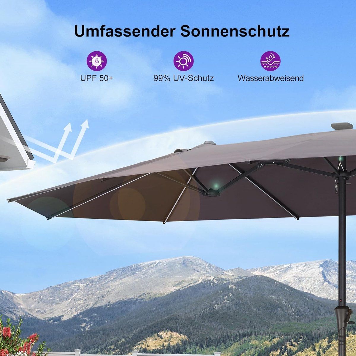 dubbele parasol xxl 400×200 cm met led verlichting en zonnepaneel