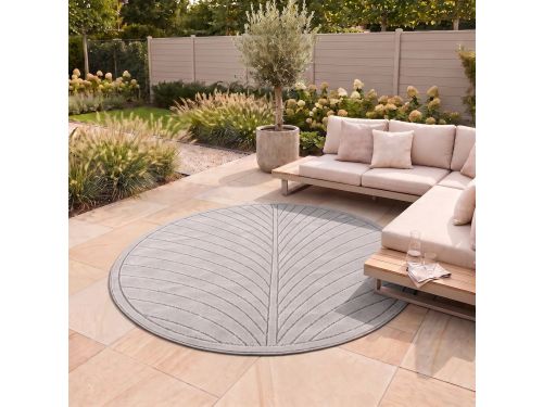 Flycarpets Novara Palmblad Rond Buitenkleed - Grijs - Buitentapijt