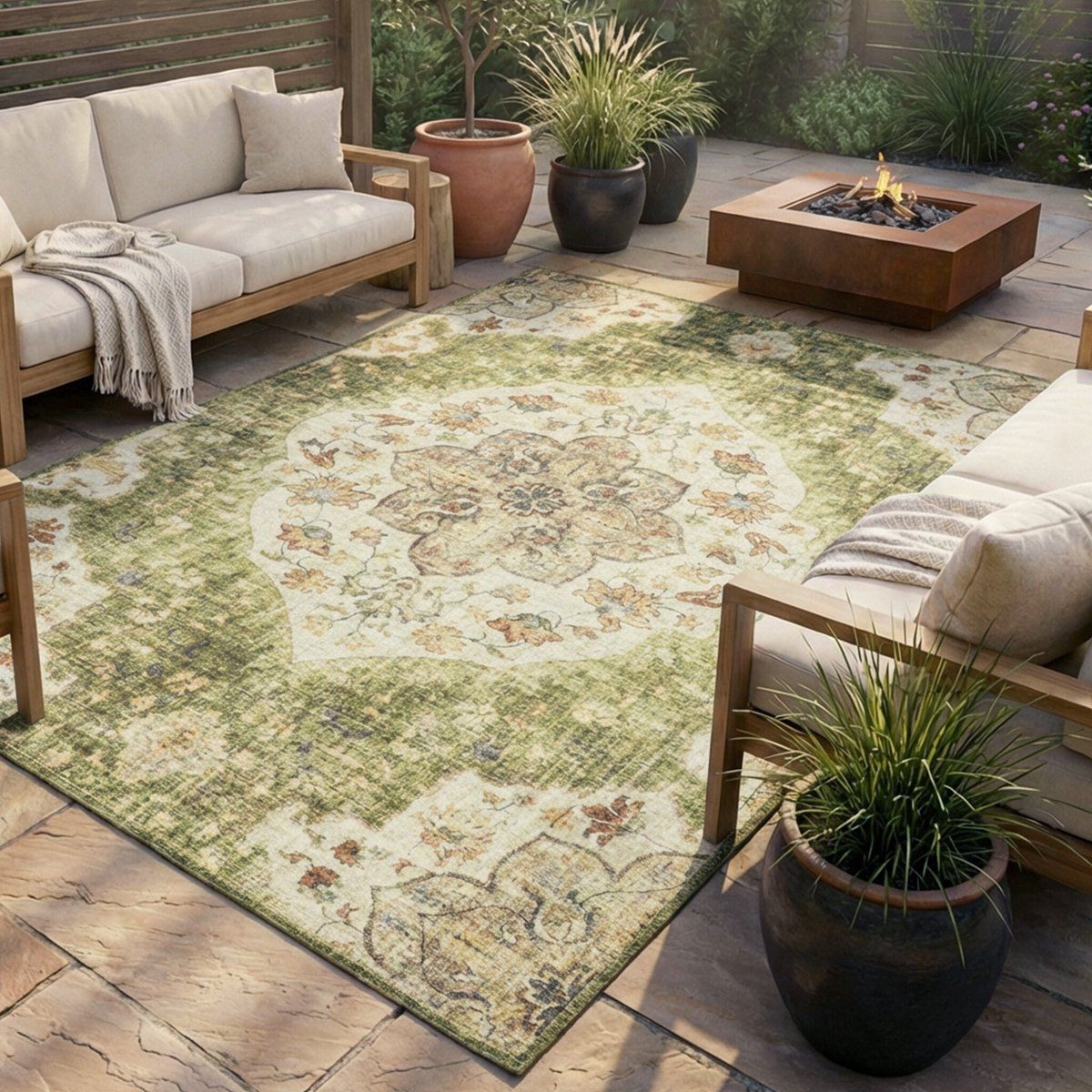 fraai vintage buitenkleed santo mandala groen 230x330cm