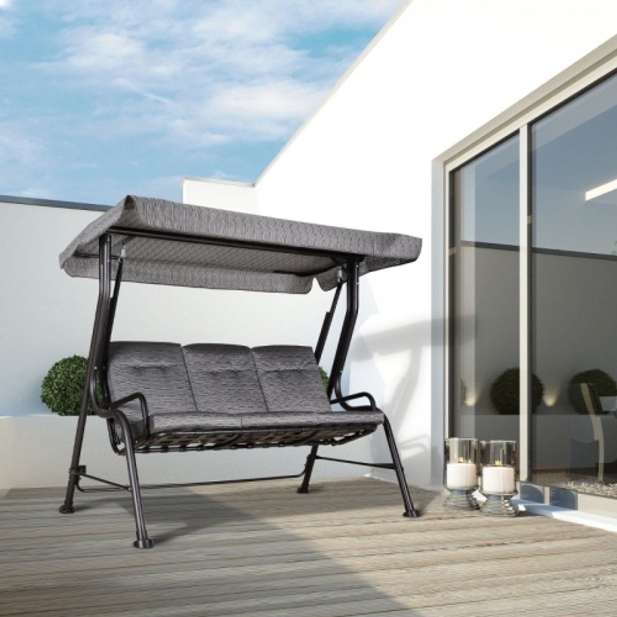 gartenschaukel 3 zits schommelbank hollywoodschaukel 200x120x170cm zwart met zonnescherm verstelbaar stabiel stalen frame texteline