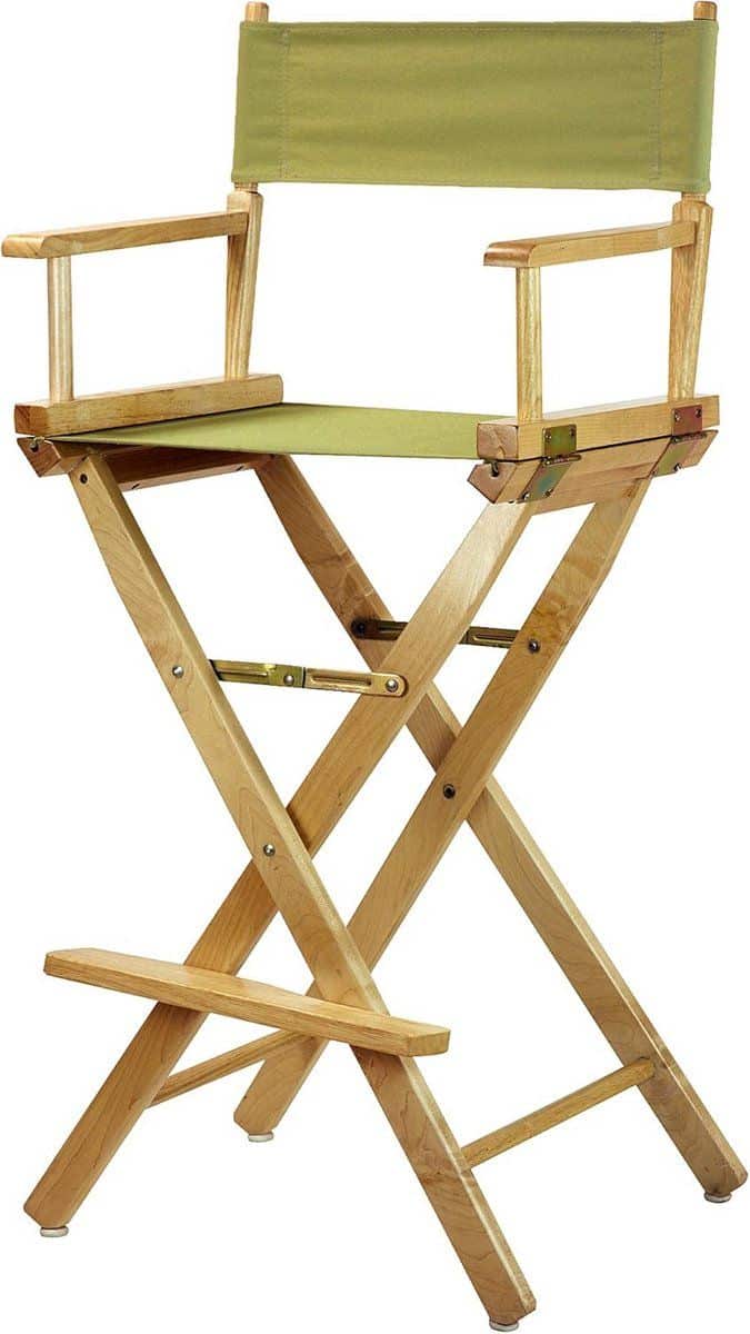 hoge houten directiestoel barstoel met olijfgroen canvas zitting