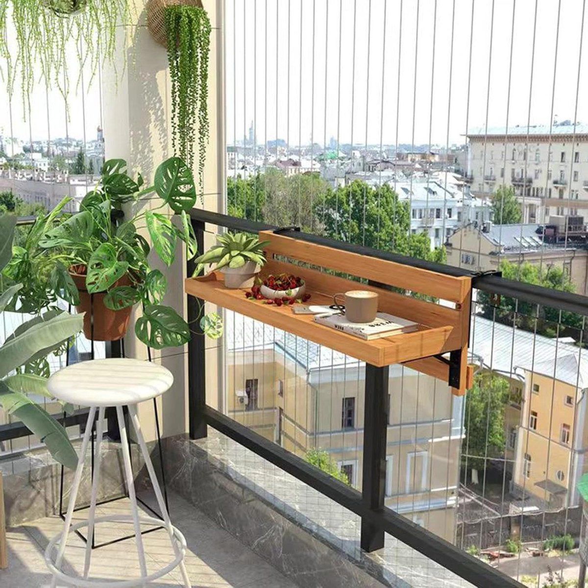 houten leuningtafel klaptafel balkon ruimte besparen verstelbare