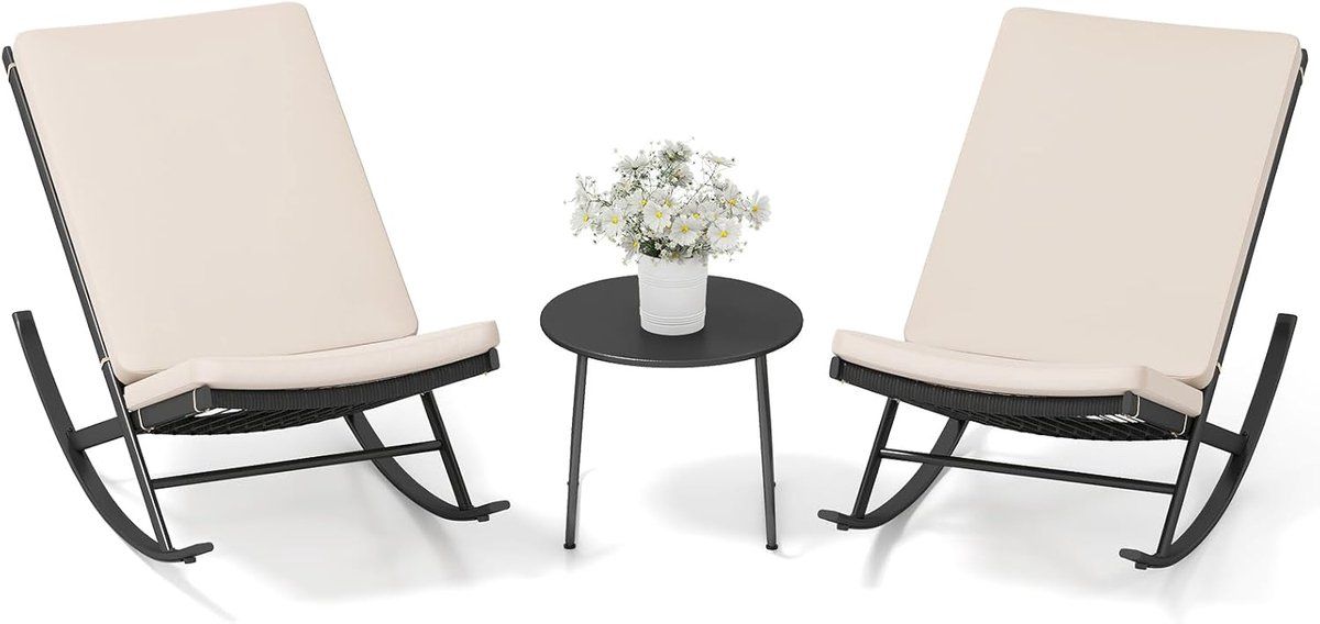 komfotteu 3 delige bistroset, schommelstoelen voor buiten, van rotan met koffietafel