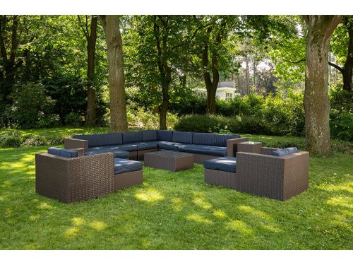 Loungeset 12-delig - Weerbestendig vlechtwerk - Bruin wicker / donkerblauwe