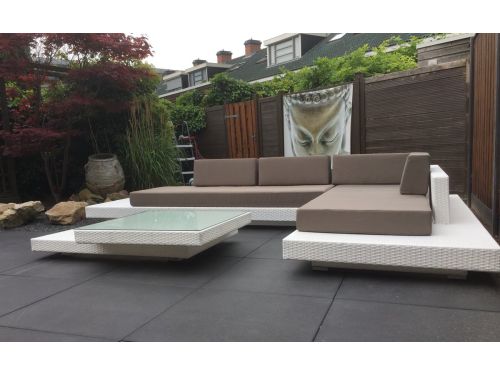 Loungeset standaard Ibiza hoek wit onderstel en taupe kussens