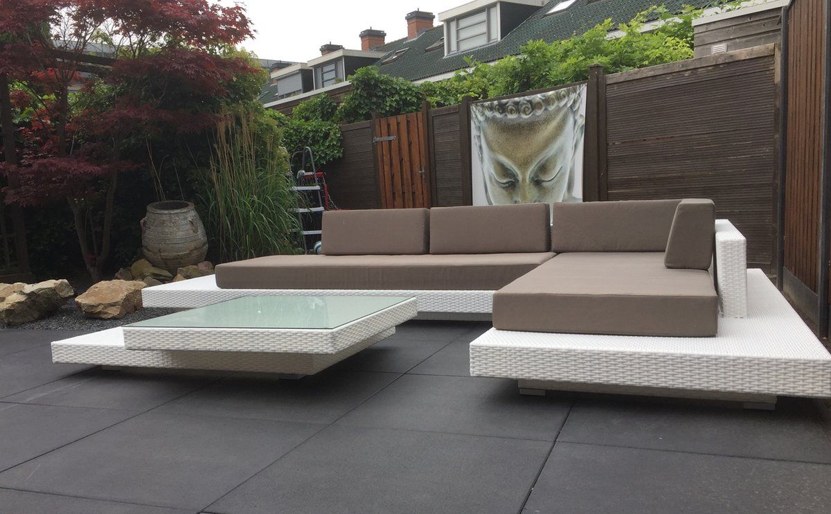 loungeset standaard ibiza hoek wit onderstel en taupe kussens
