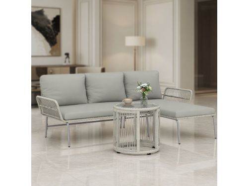 Luxe 3-delige Polyrotan Loungeset met - Grijs - Loungeset Chaise