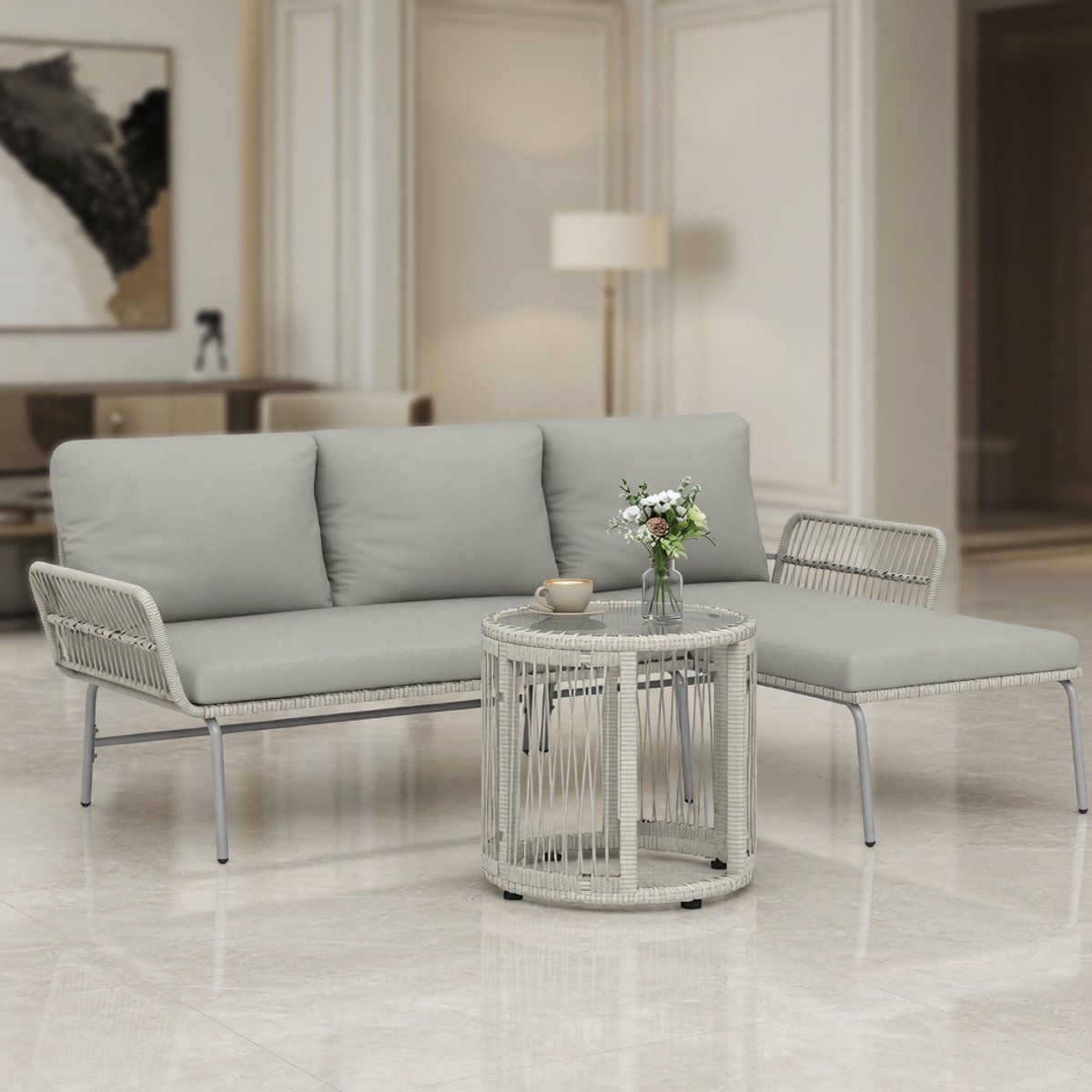 luxe 3 delige polyrotan loungeset met grijs loungeset chaise