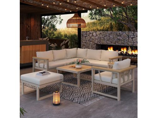Luxe 7-Persoons Hoek Loungeset met Tafel en Hocker Khaki Beige