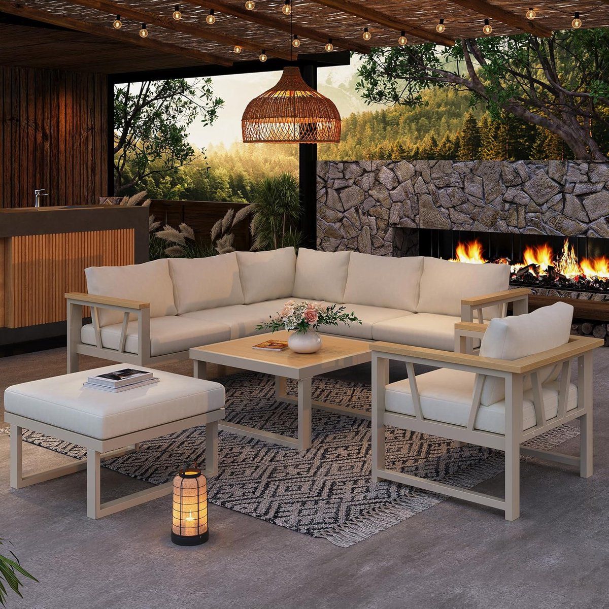 luxe 7 persoons hoek loungeset met tafel en hocker khaki beige