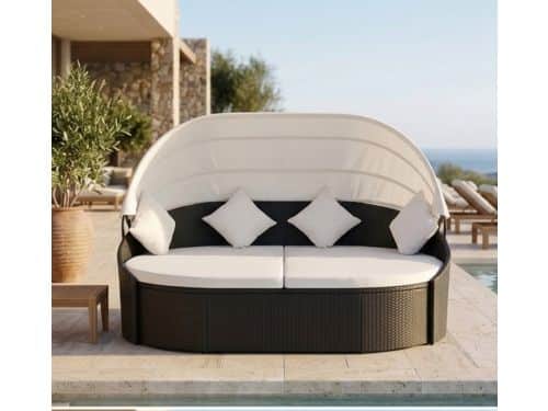 Luxe Poly Rattan Zonne-Eiland met Zonnedak - Dubbele Tuinligstoel met