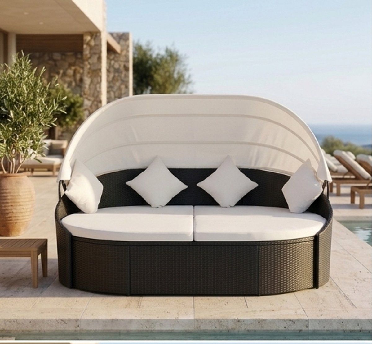 luxe poly rattan zonne eiland met zonnedak dubbele tuinligstoel met