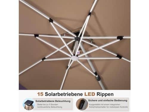 Luxe Solar LED Vierkante Zweefparasol 270x270 cm - 360° Draaibare