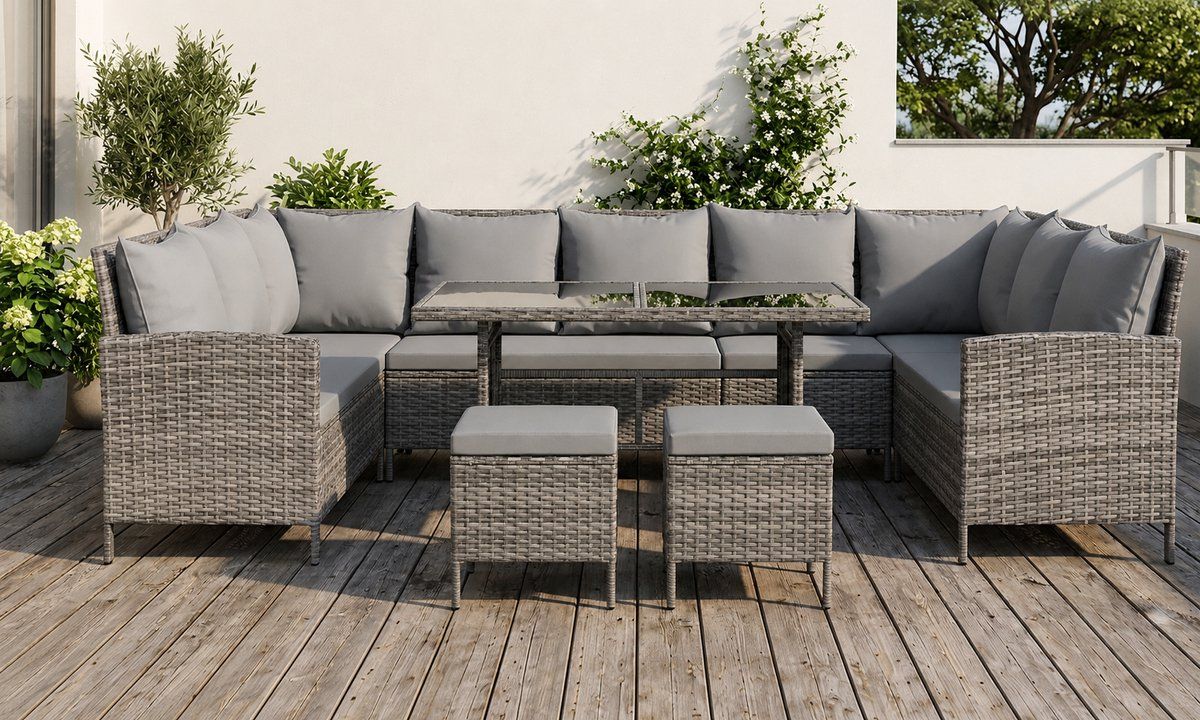 luxora madison polyrotan hoekbank loungeset met glazen tafel