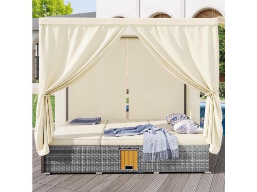 Luxora Premium Dubbel Rotan Zonne-eiland Ligbed 187x128x186 cm met Gordijn