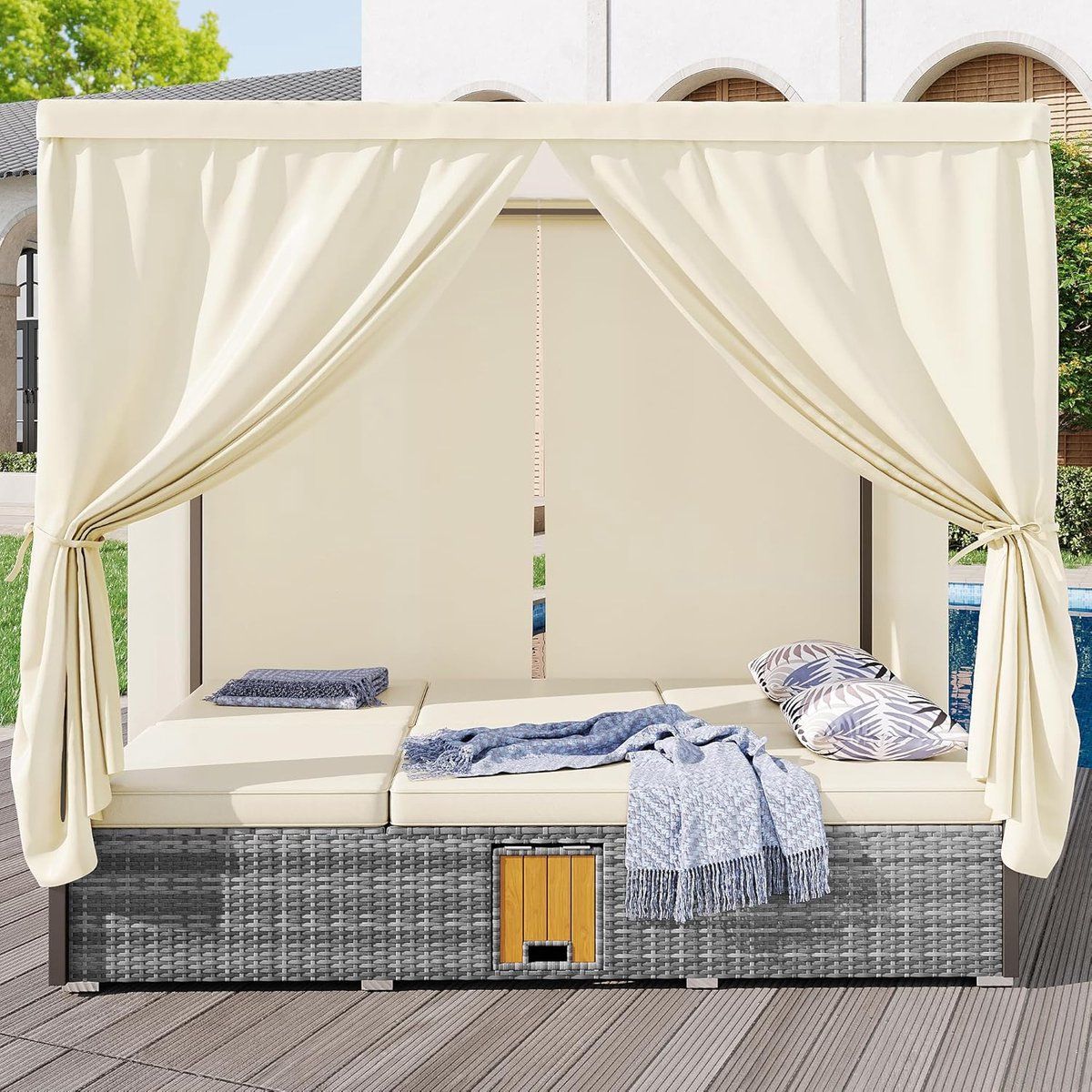 luxora premium dubbel rotan zonne eiland ligbed 187x128x186 cm met gordijn