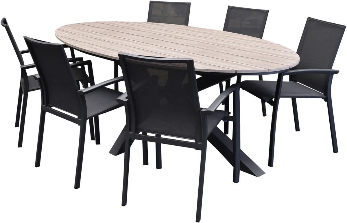malaga salvador dining tuinset ovaal stapelbaar 220x115xh75 cm 7 delig