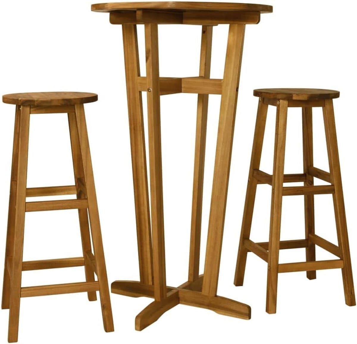 massief houten 3 delige barset met tafel en twee barkrukken