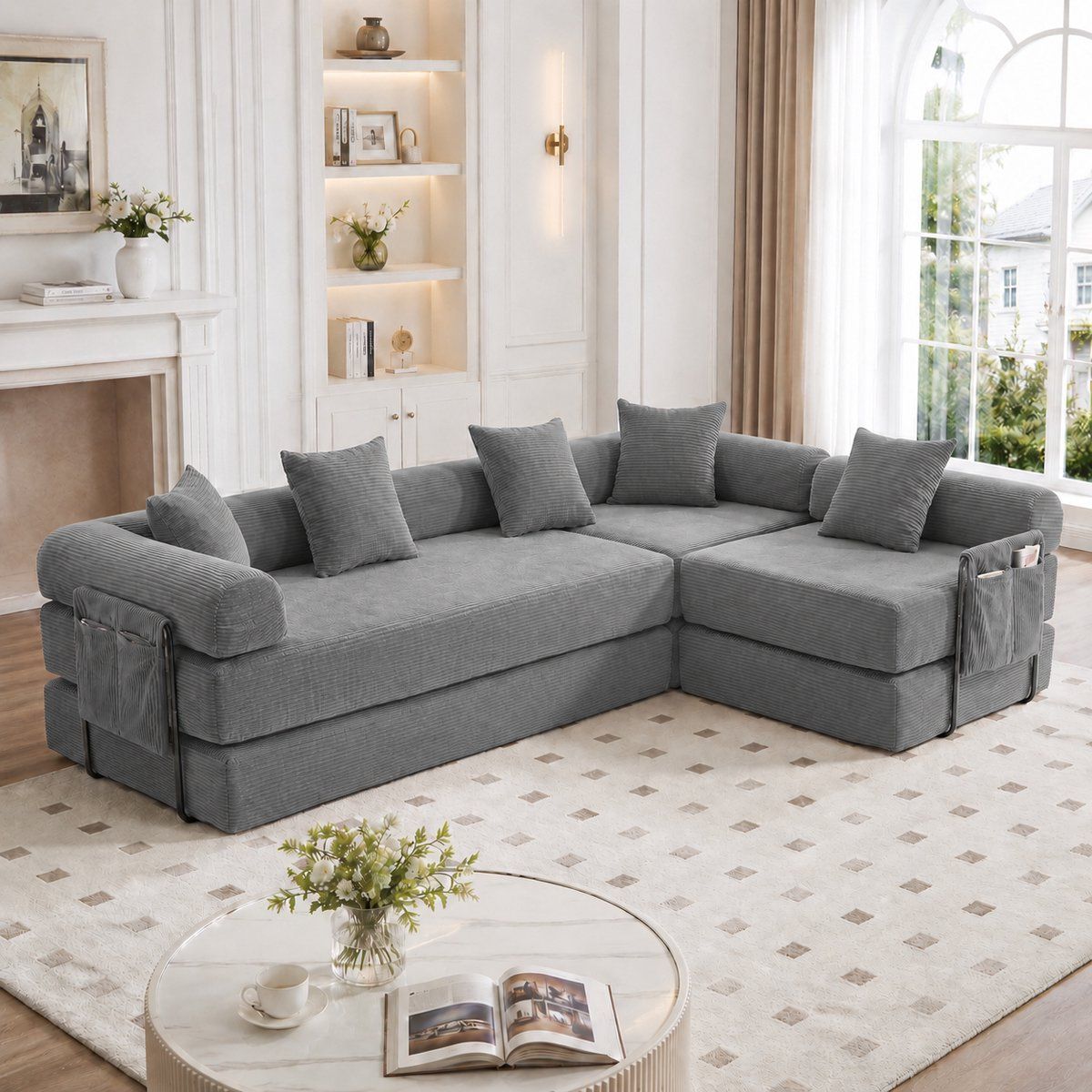 modulaire 4 zitsbank corduroy lounge bank met opbergtassen en slaapfunctie
