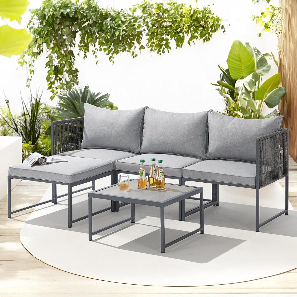 modulaire l vormige tuin loungeset 114x174x64 cm met kussens en bijzettafel