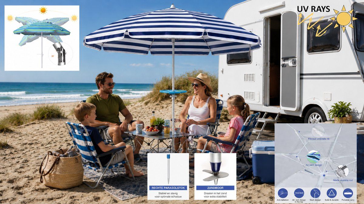 pincho luxe strandparasol 200 blauw & witte strepen