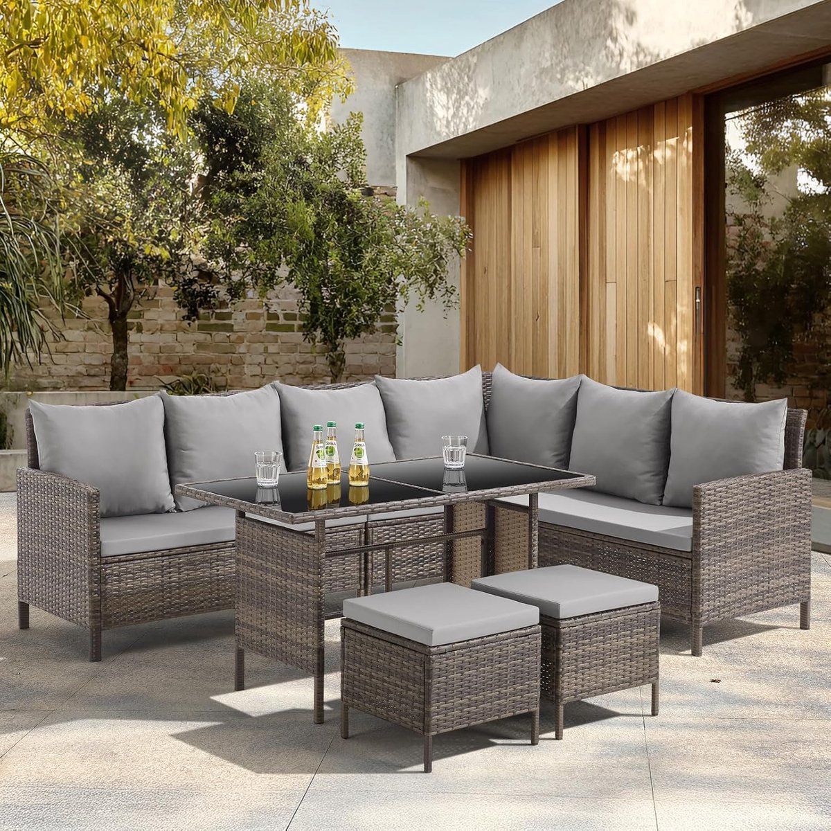 polyrotan hoek loungeset met eettafel 233 x 167 x 80