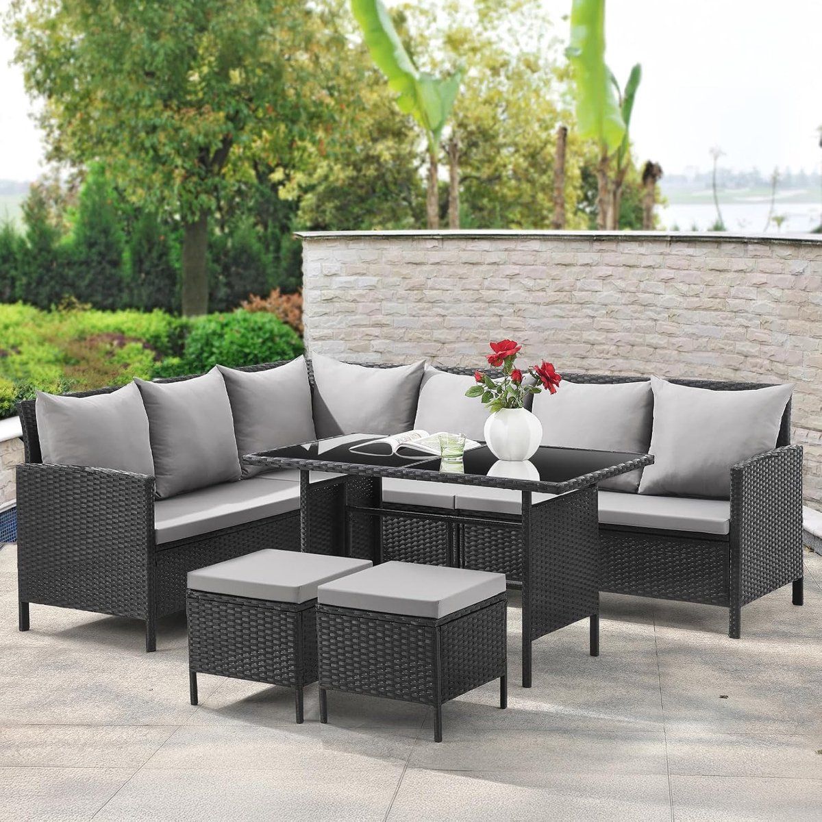 polyrotan hoek loungeset met eettafel 233 x 167 x 80