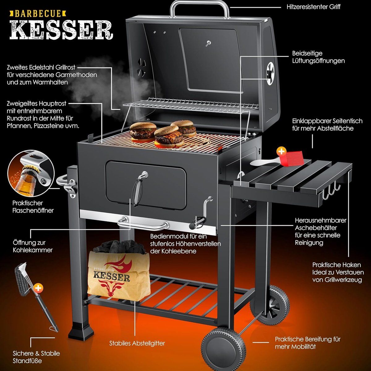 premium xl houtskool bbq grillwagen met deksel, thermometer & warmhoudrek